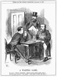 Lord Randolph Churchill (links) probeert Charles Stewart Parnell, Ierse politicus, zijn hand te laten zien en Churchill en Hartington te laten weten hoe hij de Parnellistische stemmen die hij in het Lagerhuis beheert, zal gebruiken. John Tenniel cartoon ui door John Tenniel