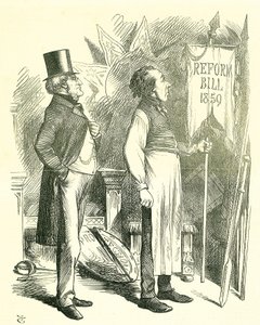 Politieke Economie: Hervorming van het Parlement - uitbreiding van het kiesrecht. Disraeli (kanselier) en Derby (premier) stofzuigen de Hervormingswet af. In 1867 introduceerde Disraeli een nieuwe wet. John Tenniel cartoon uit Punch, Londen door John Tenniel