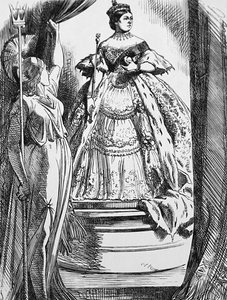Koningin Victoria wordt door Britannia aangespoord om terug te keren naar de wereld na haar lange rouwperiode door John Tenniel