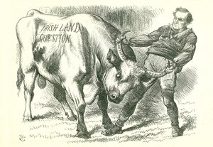 De (Ierse) stier bij de horens vatten: Wet aangenomen door het parlement op 15 februari 1870 en kreeg koninklijke goedkeuring op 8 juli. William Gladstone, premier, behandelt de kwestie. John Tenniel cartoon uit Punch, Londen, 26 februari 1870. door John Tenniel