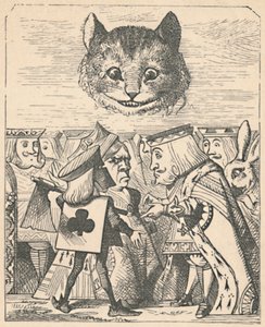 De Cheshire Cat kijkt neer op de Rode Koning en Koningin die ruzie hebben, 1889 door John Tenniel