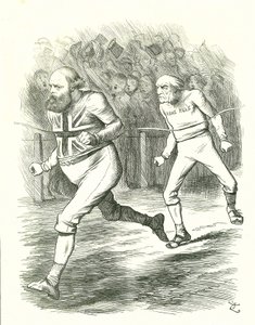 De Finish: Algemene Verkiezingen 1886. Gladstone (Liberaal) ging naar het land over zijn Home Rule voor Ierland wetsvoorstel. Salisbury (Conservatieve oppositie) verslaat Gladstone bij de finish. John Tenniel cartoon uit Punch, Londen