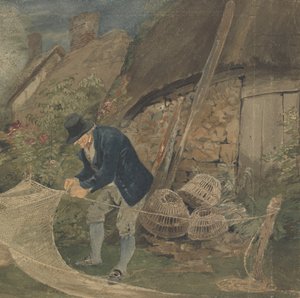 Een oude visser repareert netten met een huisje op de achtergrond door John Thirtle