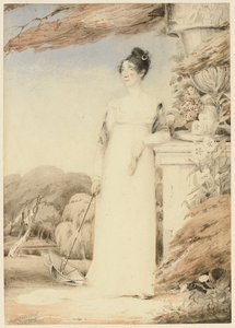 Portret van Ann Miles, later mevrouw John Sell Cotman, ten voeten uit, haar rechterhand houdt een parasol vast, haar linkerarm rust op een sokkel, 1805