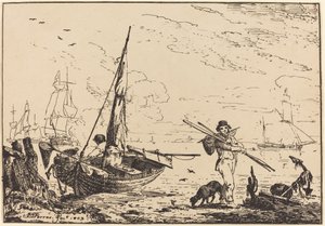 Marine: Vissersboten aan de Kust, Man met Roeispanen, Schip in de Verte door John Thomas Serres