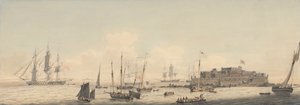 Zicht op Kasteel Cornet, Guernsey, Kanaaleilanden, met Schepen
