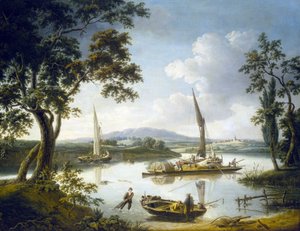 Uitzicht op de Theems in Shillingford (Engeland), met Dorchester Abbey aan de horizon door John Thomas Serres