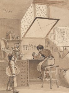 Hogarth graveert het winkelbord van zijn meester, het teken van de engel door John Thomas Smith