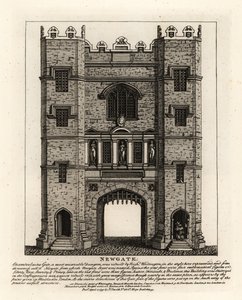 Newgate, herbouwd in 1672 na de Brand van Londen, met drie figuren Gerechtigheid, Moed en Voorzichtigheid van de voormalige poort gebouwd door burgemeester van Londen Richard Wittington
