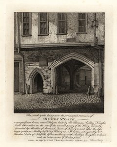 De ruïnes van de Zuidelijke Poorten van Dukes Place, gebouwd door Sir Thomas Audley (1488-1544) nabij Aldgate door John Thomas Smith