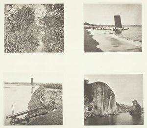 Een Landweg nabij Taiwanfu, Een Catamaran, Kettingpompen, Rotsinscripties, Amoy, ca. 1868