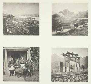 Deel van Foochow Foreign Settlement, terrassenheuvels, Foochow-veldvrouwen, een gedenkboog, ca. 1868