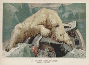 Een Arctische expeditie: een ijsbeer onderzoekt items van een Arctische expeditie