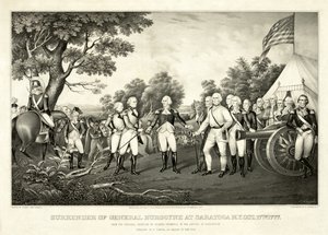 Overgave van generaal Burgoyne bij Saratoga, N.Y., 17 oktober 1777, uitgegeven door N. Currier door John Trumbull