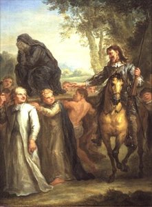 Don Quichot verwart een standbeeld van de Maagd Maria, gedragen in processie, met een vrouw die tegen haar wil wordt meegenomen, uit Cervantes