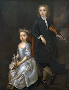 Een Jonge Jongen met een Viool en een Jong Meisje met een Pop door John Vanderbank