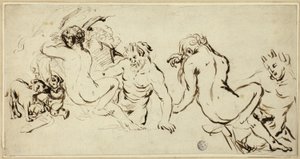 Schetsen van nimf, sater en putto door John Vanderbank