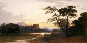 Een figuur in een bebost landschap door John Varley