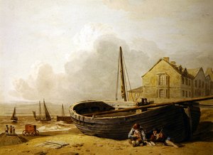 Een vissersboot op het strand van Hastings door John Varley