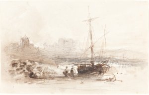 Zeilboot op een strand door John Varley