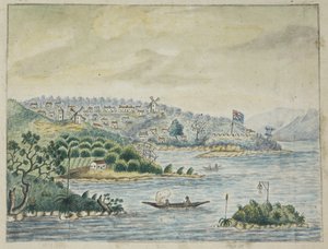 Een uitzicht op een Britse kolonie. Op de voorgrond, inboorlingen in een kano, uit een dagboek bijgehouden aan boord van het Minerva-transport, van Ierland naar New South Wales en Bengalen, door John Washington Price