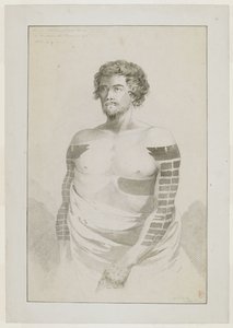 (Gehele tekening) Portret van een Hoofd van Borabora, [Puni?]; een bebaarde man met zwaar getatoeëerde armen met platte rechthoekige vlakken, en een groot vlak aan zijn linkerzijde. December 1777 door John Webber