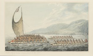 35: Tereoboo, Koning van Owyhee, brengt geschenken aan Kapitein Cook, uit een serie aquarellen die de laatste reis van Kapitein Cook illustreren, c.1773-84 (aquarel op papier) door John Webber