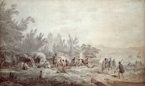 Kapitein Cook in Ship Cove, Queen Charlotte Sound door John Webber
