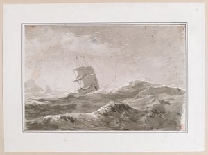 Tekening van een Europees schip onder zeil in zware zee; waarschijnlijk niet een van Cook