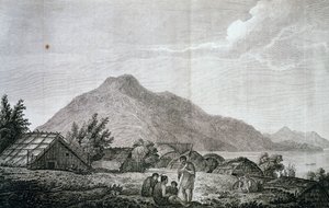 Binnenkant van hippah op het eiland Motuara, gebaseerd op tekening van John Webber (1750-1793), uit verslag van laatste reis van James Cook (1776-1779), gravure