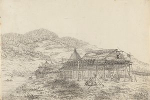 De Balagans of zomerverblijven, met de methode van vis drogen, in St. Peter en Paul, Kamtsjatka