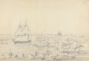 De Resolution die door het ijs slaat, met de Discovery in het grootste gevaar in de verte