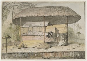 Waheiadooa, hoofd van Oheitepeha, opgebaard, vastgelegd door Kapitein Cook tijdens zijn bezoek aan Tahiti op 19 augustus 1777. Een rouwplatform ondersteunt het omhulde lijk en een bediende. Ze worden beschut door een grasdak en omgeven door een lage p... door John Webber