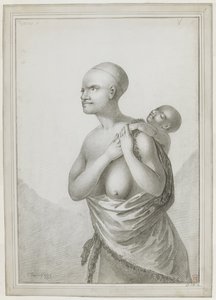[Hele tekening] Een Tasmaanse vrouw die een kind op haar rug draagt, met een huid over haar linker schouder om haar middel. Januari 1777