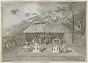 Een dans of heiva op Otaheite [Tahiti]. Twee mannen en twee vrouwen dansen, met drummers erachter en toeschouwers aan beide zijden. September 1777 door John Webber