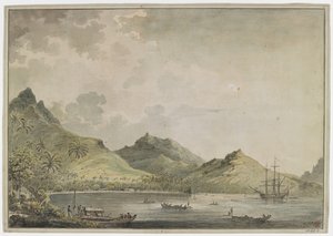 [Gehele tekening]. Een uitzicht op de haven van Huahine [Fare Harbour] met piekbergen, inclusief Mount Turi, op de achtergrond. In de baai ligt de 