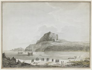 Uitzicht op Christmas Harbour, Kerguelen Island, met de Discovery en de Resolution voor anker. Twee scheepsboten zijn uit, één landt zeelieden aan de kust. Op de voorgrond twintig pinguïns in groepen en een zeeleeuw. 25-30 december 1776
