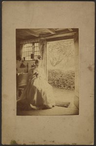[Vrouw in lange gestreepte jurk zit in kamer]. door John Whistler