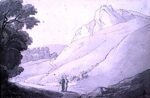 Heuvelachtig landschap met twee figuren