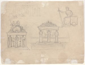 Studies van klassieke tempelgevels en zittende vrouwelijke figuur [verso] door John William Casilear