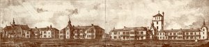 Het krankzinnigengesticht van Newcastle upon Tyne, Coxlodge, ca. 1829 (fotolitho)
