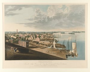 Philadelphia vanaf het Scheepshuis in de Marinewerf Kijkend naar de Rivier Delaware