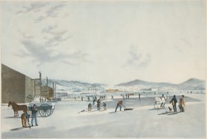 Rockland Lake - IJs Snijden. Uitzicht vanuit het Noordoosten, uitgegeven 1849 door John William Hill