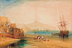 Uitzicht op Scarborough in de vroege ochtend, kinderen die krabben vangen door John William Waterhouse