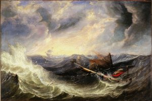 Zeegezicht met wrakstukken door John Wilson (attr. to) Carmichael
