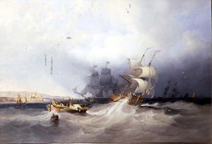 Een Nederlandse Brig op een Havenbereik en andere Schepen bij een Oostkust Haven