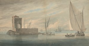 Italiaanse kustscène met eiland en schepen door John Wilson Carmichael
