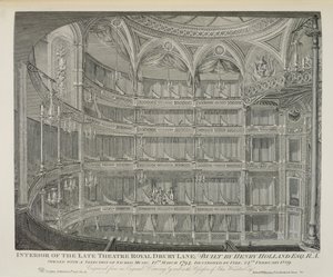 Interieur van het Late Theatre Royal, Drury Lane, in Londen, Gebouwd door Henry Holland, Verwoest door Brand, gegraveerd door Dale