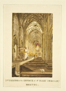 Zicht op het middenpad van St Mary Redcliffe, kijkend naar het oosten, met het Hogarth altaarstuk, ca. 1824