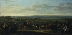 Een uitzicht op Old Newmarket met figuren en paarden op de heide